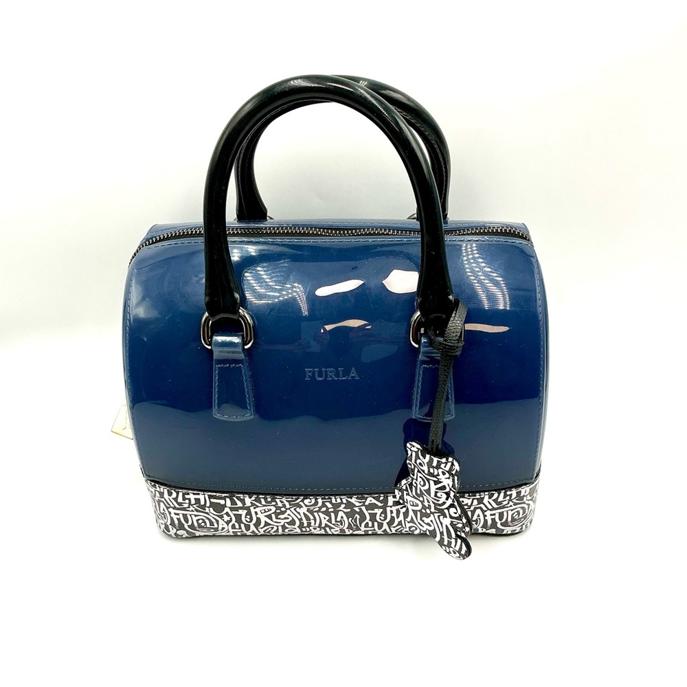 Furla- Blue Patent Satchel with Black Handles and Monogram Graffiti Trim
